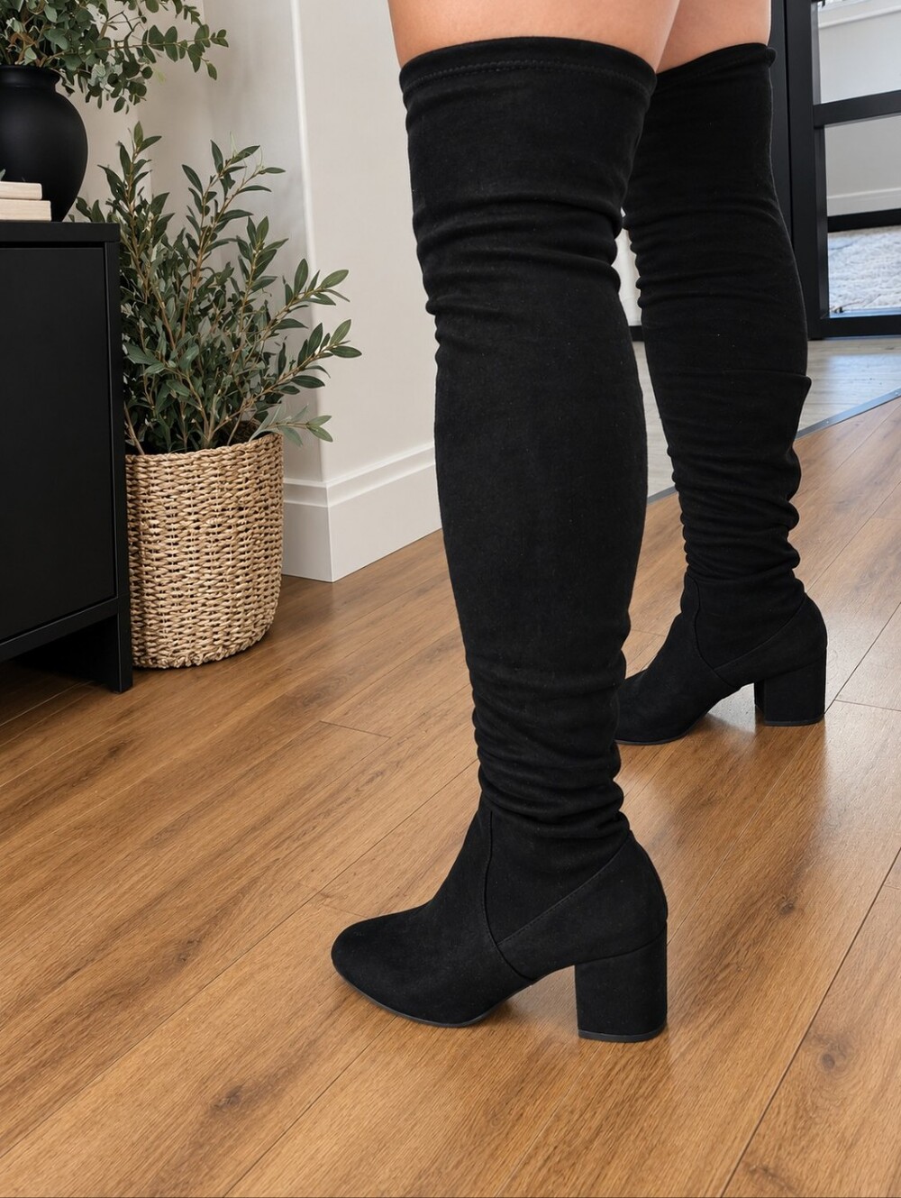 Over-the-Knee Black Suede Block Heel Boots